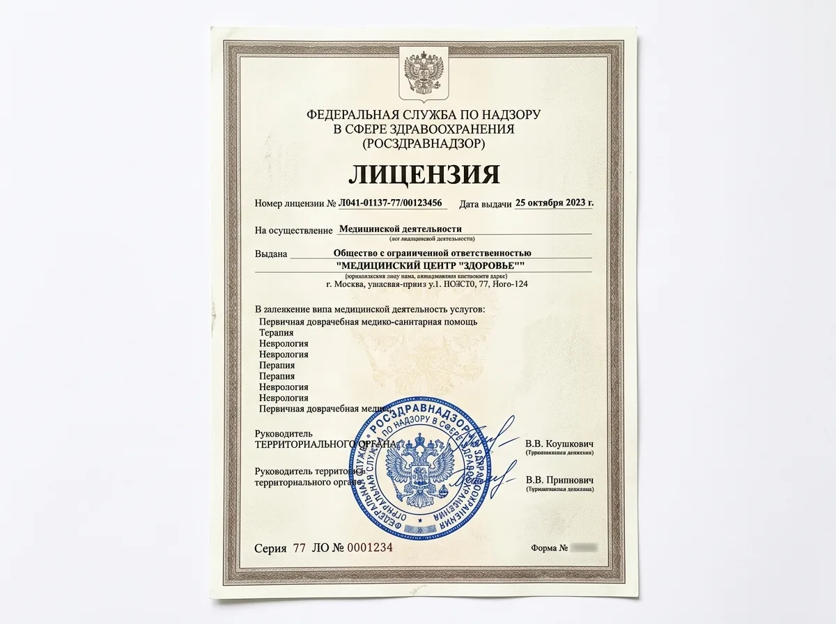 скан лицензии Росздравнадзора на осуществление медицинской деятельности, официальный документ с печатями и подписями на белом фоне